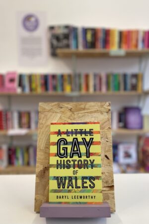 Copi o 'A Little Gay History of Wales' yn sefyll ar stondin llyfrau, tu blaen silffoedd o lyfrau yn y cefndir.