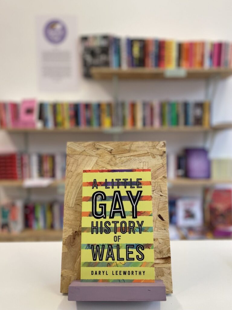 Copi o 'A Little Gay History of Wales' yn sefyll ar stondin llyfrau, tu blaen silffoedd o lyfrau yn y cefndir.