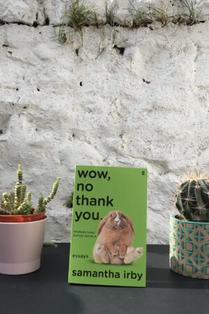 Rhyngddo dau blanhigyn mewn potiau gwahanol ar fwrdd du, mae copi o'r llyfr yn sefyll, gydag wal wen yn y cefndir.