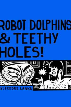 Cefndir glas sy'n cynnwys delwedd o ben-ôl gyda llygaid a thafod yn syllu ar rywun gyda barf.