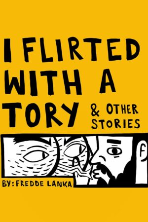 Ar gefndir melyn, delwedd o ben-ôl gyda llygaid a thafod, sy'n ymestyn i gyfwrdd ac wyneb rhywun gyda barf.