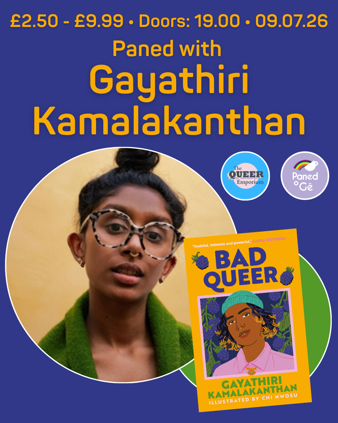 Poster for an event featuring Gayathiri Kamalakanthan with a book cover and event details (date: 9th July; doors: 19:00; event: 19:30).