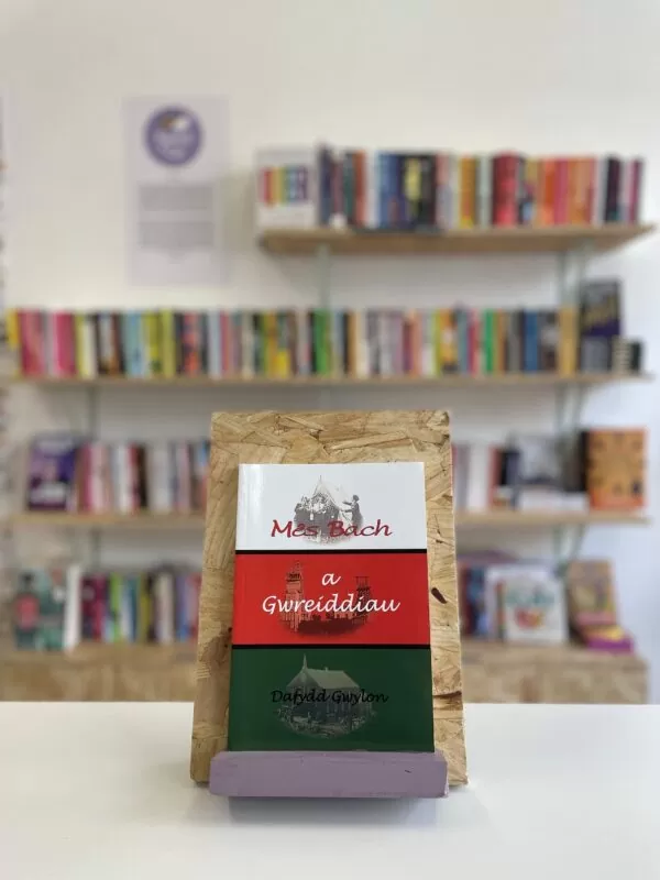 Cymraeg: Copi o 'Mês Bach a Gwreiddiau' yn sefyll ar stondin llyfrau, tu blaen silffoedd o lyfrau yn y cefndir. | English: A copy of 'Mês Bach a Gwreiddiau' sits on a stand in front of multiple shelves of other books.
