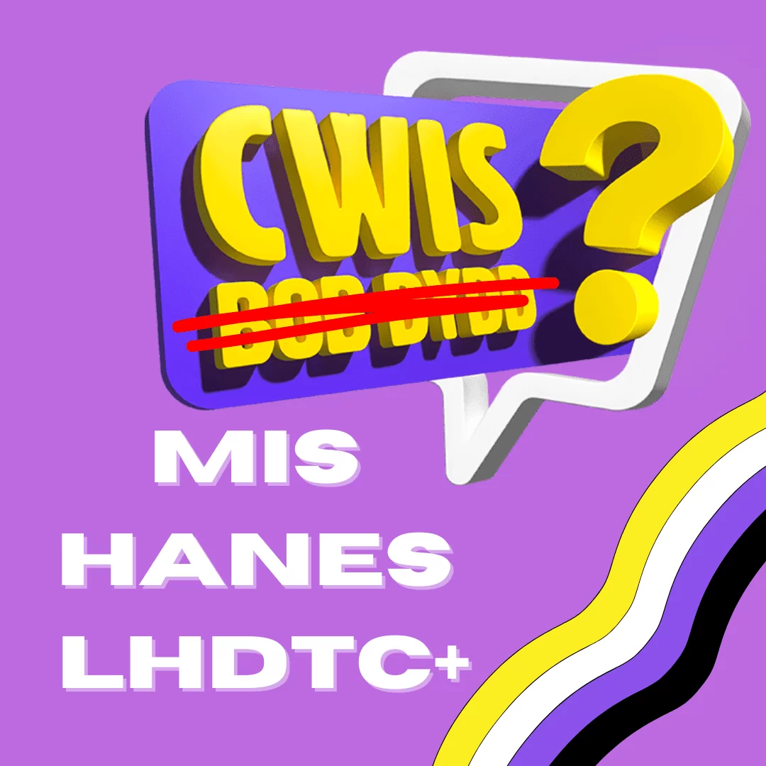 Cefndir piws gyda logo ‘Cwis Bob Dydd’ arno. Trwy’r ‘Bob Dydd’ mae yna linell goch ac o’i dan, yr ysgrifen ganlynol yn wyn: ‘Mis Hanes LHDTC+’. Yng nghornel y poster, mae yna fflag anneuaidd.